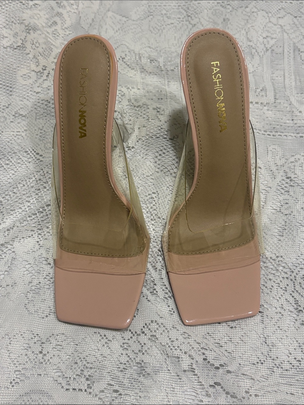 Fashion Nova Clear Nude Square Toe Slide Heels size 9